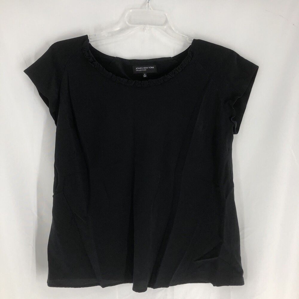 Jones New York Blouse Solid Black Short Sleeve Sz 14